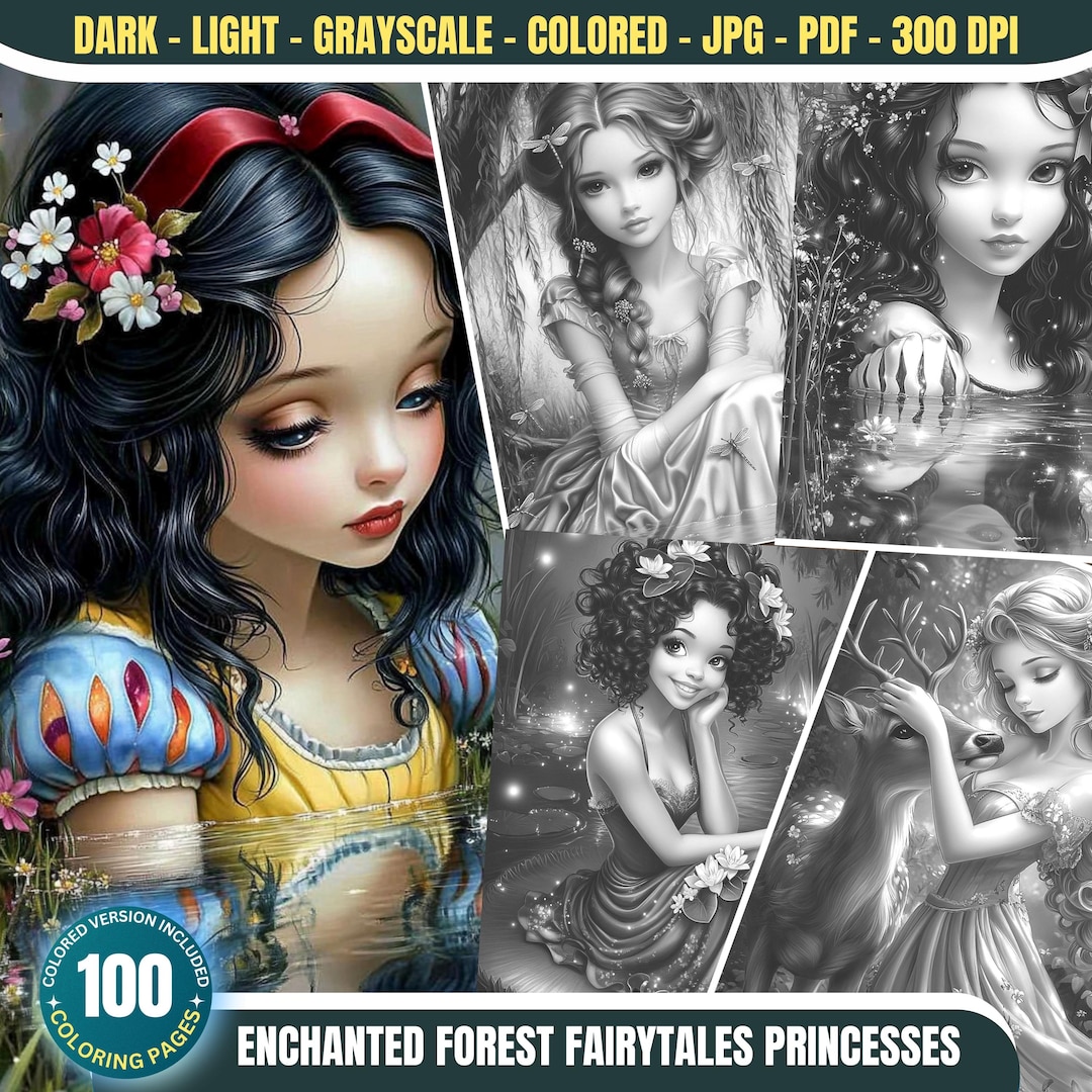 Enchanted Forest Fairytales Princesses: 100 Coloring Pages for Adults Instant Download Grayscale Coloring Book Printable PDF & JPG Coloring - Etsy Japan
