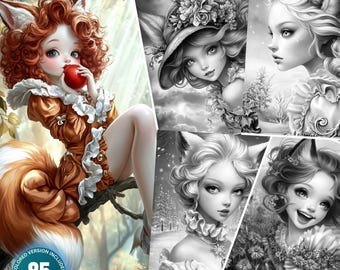 May include: A set of 85 coloring pages featuring illustrations of fox girls with different expressions and poses. The illustrations are in black and white and include details like flowers, trees, and snow.
