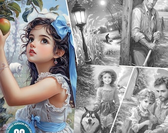 Belles peintures de la vie à la ferme : 90 pages à colorier pour adultes et enfants, téléchargement immédiat, livre de coloriage pour fille en niveaux de gris, imprimable PDF et JPG