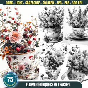 Flower Bouquets in Teacups: 75 Coloring Pages for Adults and Kids Instant Download Grayscale Coloring Book Printable PDF&JPG Floral Coloring