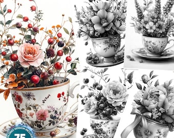 Bouquets de fleurs dans des tasses à thé : 75 pages à colorier pour adultes et enfants, téléchargement immédiat, livre de coloriage en niveaux de gris, imprimable PDF et JPG, coloriage floral