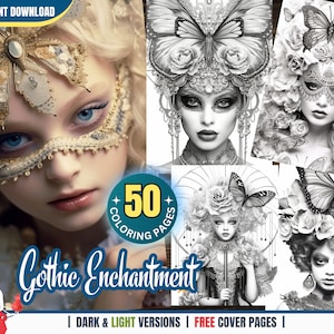 Mystical Gothic Enchantment - 50 Coloring Pages for Adults and Kids Instant Download Grayscale Coloring Book Printable PDF Floral Coloring