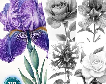 Floral Elegance: 110 Coloring Pages for Adults and Kids Instant Download Grayscale Coloring Book Printable PDF & JPG Flower Coloring Bundle