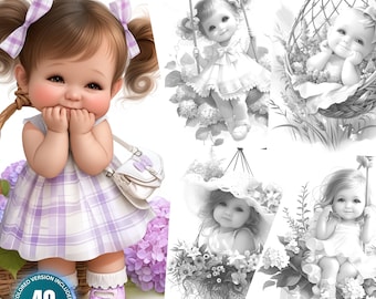 Flower Baby Baskets: 40 Coloring Pages for Adults and Kids Instant Download Grayscale Coloring Book Printable PDF& JPG Coloring Bundle Fairy