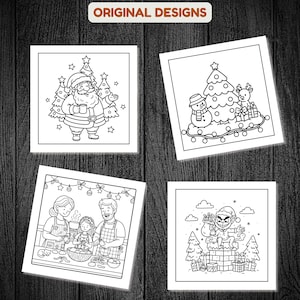 May include: Four black and white Christmas-themed coloring pages. One features Santa Claus with a mug, another a snowman, Christmas tree, and reindeer. The third shows a family baking, and the last an elf on a chimney.
