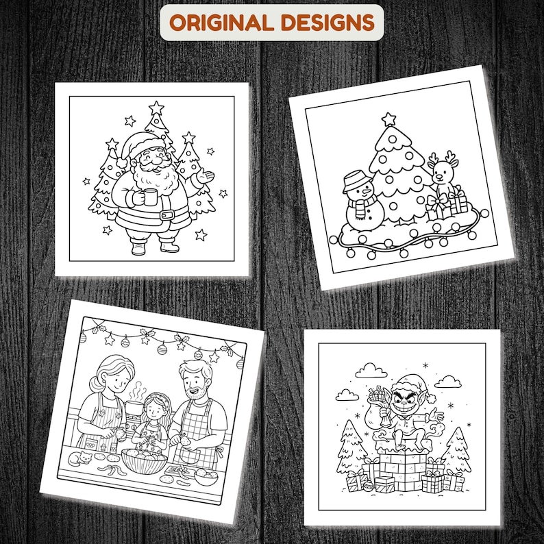 May include: Four black and white Christmas-themed coloring pages. One features Santa Claus with a mug, another a snowman, Christmas tree, and reindeer. The third shows a family baking, and the last an elf on a chimney.