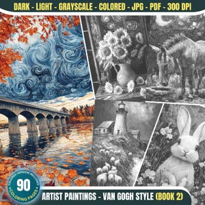 May include: A set of 90 coloring pages featuring artist paintings in the style of Van Gogh. The images include a bridge over a river, a lighthouse, a donkey, sunflowers, and a rabbit.