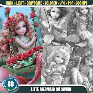 Little Mermaid on Swing - 80 Coloring Pages for Adults and Kids Instant Download Grayscale Coloring Book Printable Fairy Fantasy PDF&JPG Set