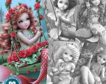 Little Mermaid on Swing - 80 Coloring Pages for Adults and Kids Instant Download Grayscale Coloring Book Printable Fairy Fantasy PDF&JPG Set