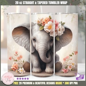 Cute Baby Elephant 20oz Skinny Tumbler Wrap Sublimation Design Boho Flowers Instant Digital Download Straight & Tapered Tumbler Wrap PNG