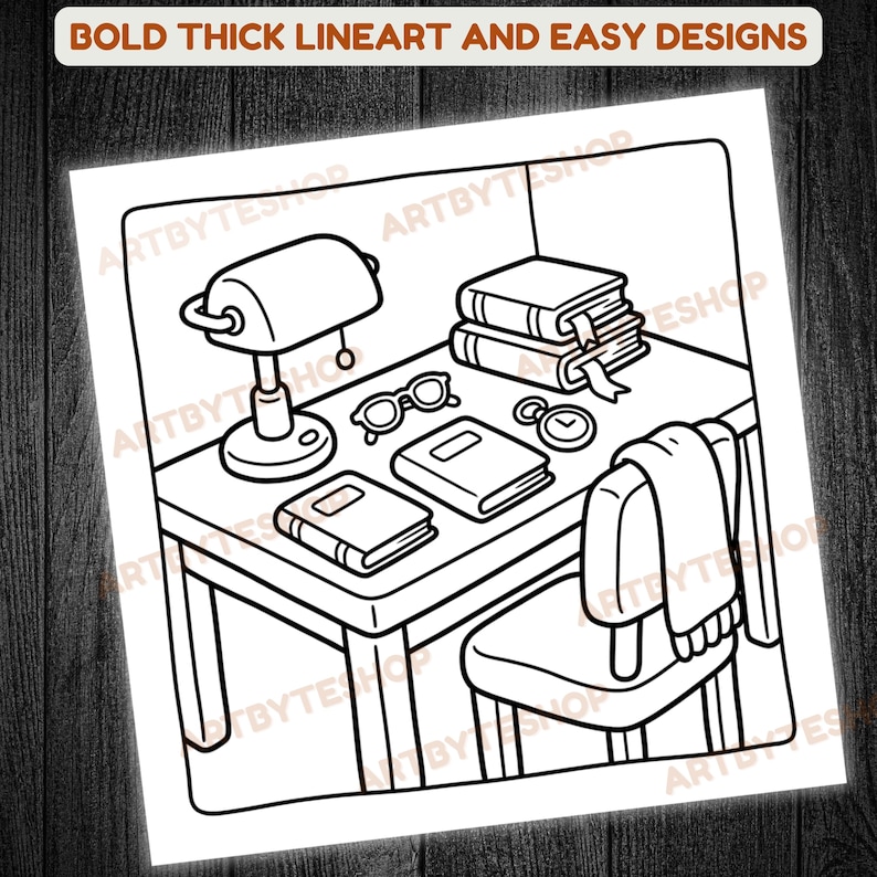 May include: Black and white line art illustration of a desk with a lamp, books, glasses, and a clock. A chair with a blanket draped over it is also present. The text at the top reads "BOLD THICK LINEART AND EASY DESIGNS."