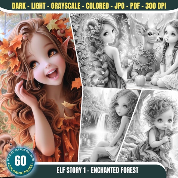 Elf Story 1 - Enchanted Forest: 60 Cute elf Coloring Pages for Adults and Kids Instant Download Grayscale Coloring Book Printable PDF & JPG