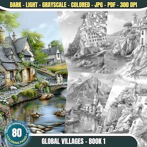 Global Villages Libro 1- 80 páginas para colorear para adultos y niños Descarga instantánea Libro para colorear en escala de grises Imprimible Hermoso paisaje PDF&JPG