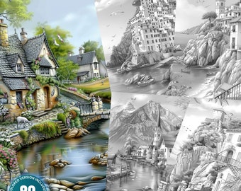 Global Villages Book 1- 80 Coloring Pages for Adults and Kids Instant Download Grayscale Coloring Book Printable Beautiful Landscape PDF&JPG