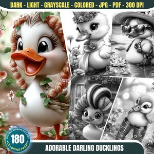 Adorable Darling Ducklings: 180 Coloring Pages for Adults and Kids Grayscale Cute Duck Coloring book PDF& JPG Fantasy Animal Coloring Bundle