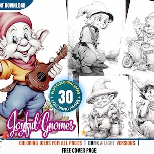 Joyful Gnomes - 30 Coloring Pages for Adults and Kids Instant Download Grayscale Coloring Book Printable PDF  Garden Gnomes Lovers Fantasy