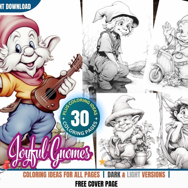 Joyful Gnomes - 30 Coloring Pages for Adults and Kids Instant Download Grayscale Coloring Book Printable PDF  Garden Gnomes Lovers Fantasy