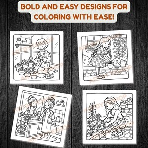 May include: Four square coloring pages with line drawings of people gardening. The top banner reads "BOLD AND EASY DESIGNS FOR COLORING WITH EASE!" Each image shows a different scene of people tending to plants, with pots, watering cans, and flowers.
