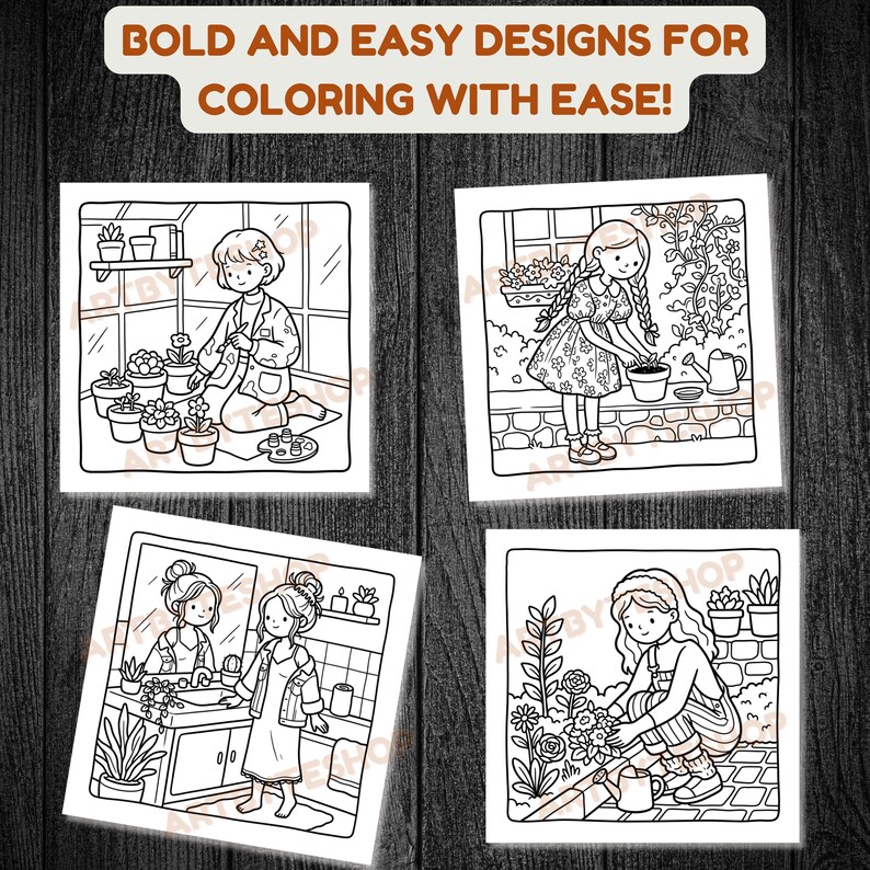 May include: Four square coloring pages with line drawings of people gardening. The top banner reads "BOLD AND EASY DESIGNS FOR COLORING WITH EASE!" Each image shows a different scene of people tending to plants, with pots, watering cans, and flowers.