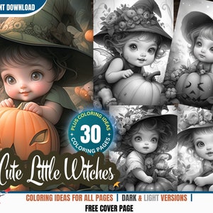 Cute Little Witches - 30 Coloring Pages for Adults and Kids Instant Download Grayscale Coloring Book Printable PDF Halloween Coloring Book