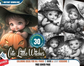 Cute Little Witches - 30 Coloring Pages for Adults and Kids Instant Download Grayscale Coloring Book Printable PDF Halloween Coloring Book