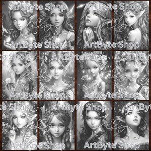 May include: A collage of eight black and white illustrations featuring fairy-like characters with long hair and pointed ears. Each illustration has a different character with a different pose and expression. The text "ArtByte Shop" appears at the top and bottom of each illustration.