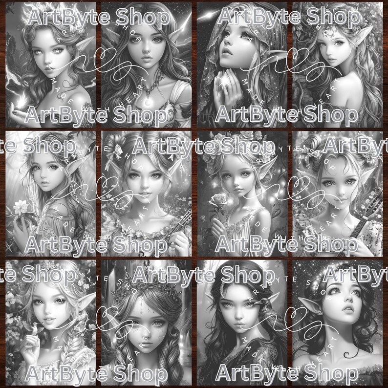 May include: A collage of eight black and white illustrations featuring fairy-like characters with long hair and pointed ears. Each illustration has a different character with a different pose and expression. The text "ArtByte Shop" appears at the top and bottom of each illustration.