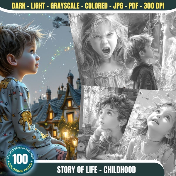 Story of Life - Childhood: 100 Coloring Pages for Adults and Kids Instant Download Grayscale Coloring Book Printable PDF&JPG Coloring Bundle