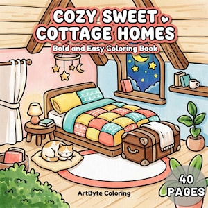 Może przedstawiać: Kolorowanka zatytułowana Cozy Sweet Cottage Homes przedstawiająca ilustrację sypialni z łóżkiem, patchworkową narzutą, śpiącym kotem na poduszce, drewnianą skrzynią, szafką nocną z lampką, oknem z nocnym niebem i roślinami doniczkowymi.