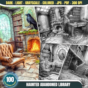 Haunted Abandoned Library: 100 Halloween Coloring Pages for Adults and Kids Instant Download Grayscale Coloring Printable PDF & JPG Bundle