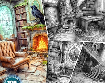 May include: A digital art compilation featuring a haunted abandoned library theme. The image includes colored and grayscale versions of library scenes with a raven, fireplace, and bookshelves. The text includes "100 coloring pages" and "Haunted Abandoned Library".