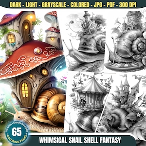 May include: A set of 65 coloring pages featuring whimsical snail shells with various fantasy themes, including a mushroom house, a castle, and a circus tent. The images are in both color and black and white.