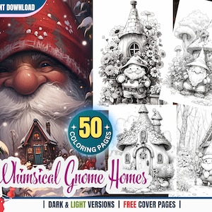 50 Whimsical Gnome Homes Coloring Pages for Kids and Adults - Instant Download Grayscale Coloring Book Printable PDF, Cute Gnomes Coloring
