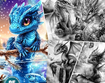 Fantasy waterdraken: 85 kleurplaten voor volwassenen en kinderen Direct downloaden grijswaarden kleurboek afdrukbare pdf- en jpg-kleurbundel
