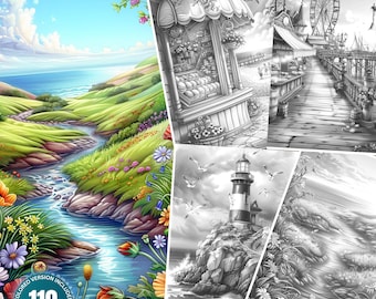 Coastal Dreamscapes: 110 Coloring Pages for Adults and Kids Instant Download Grayscale Coloring Book Printable PDF& JPG Bundle Farm Coloring