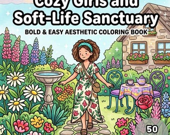 Può includere: Illustrazione colorata per la copertina di un libro da colorare intitolato "Cozy Girls and Soft-Life Sanctuary". L'immagine mostra una donna con un vestito floreale in un giardino con fiori, una fontana per uccelli e una casa. Il libro ha 50 pagine.