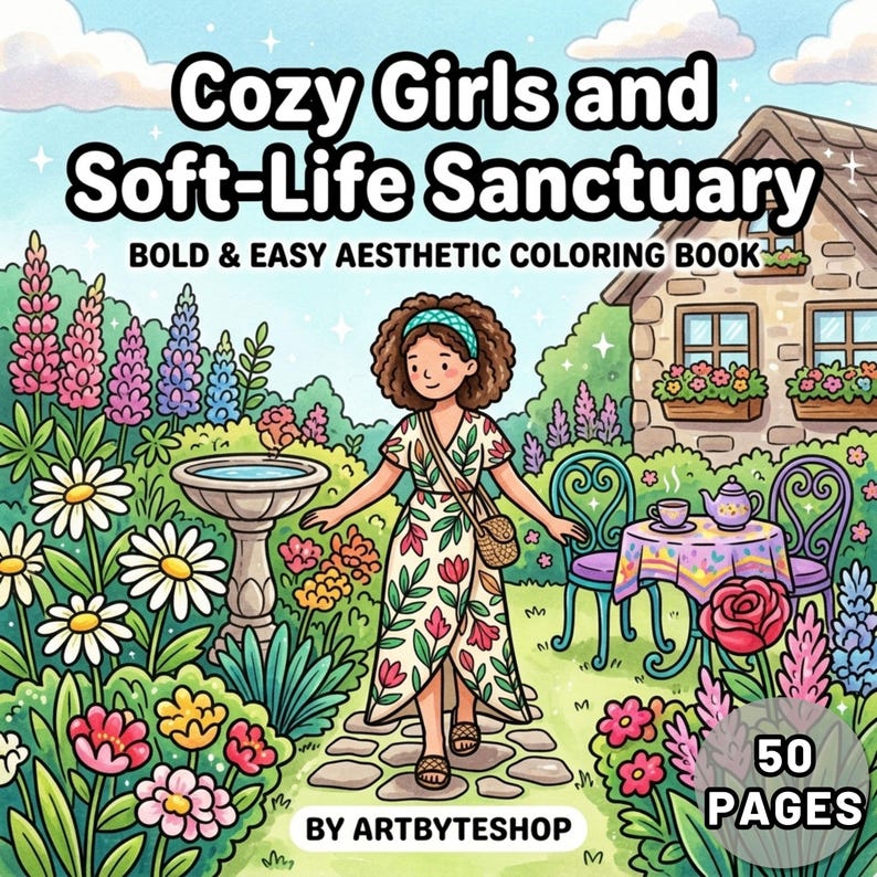 May include: A colorful illustration of a coloring book cover titled "Cozy Girls and Soft-Life Sanctuary." The image features a woman in a floral dress walking through a garden with flowers, a bird bath, and a small house. The book has 50 pages.