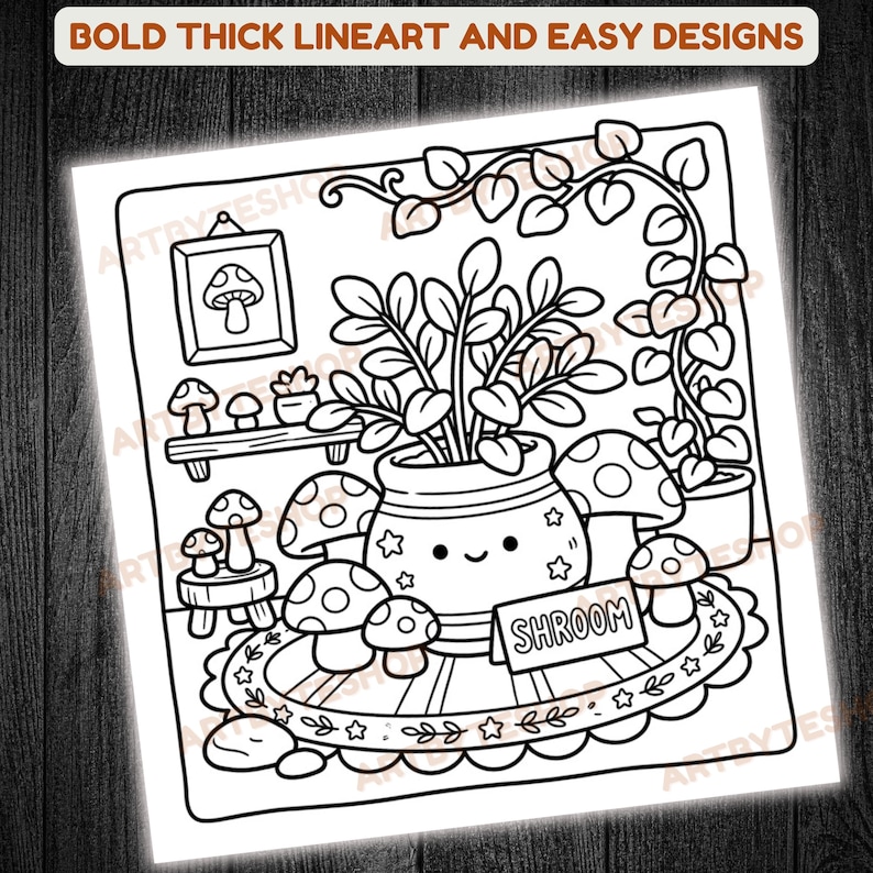 May include: Black and white line art illustration of a whimsical mushroom-themed scene. The image features a smiling pot with a plant, surrounded by mushrooms, and the word "SHROOM". The text "BOLD THICK LINEART AND EASY DESIGNS" is at the top.