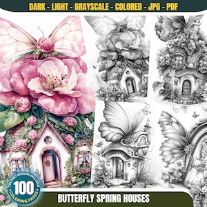 100 Butterfly Spring Houses Coloring Pages for Adults and Kids Instant Download Grayscale Fairy House Printable PDF JPG Coloring Page Bundle