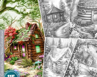 Charmante Blockhütten: 115 Malseiten für Erwachsene und Kinder zum sofortigen Download Graustufen Malbuch Printable PDF& JPG Bundle Farm Färbung