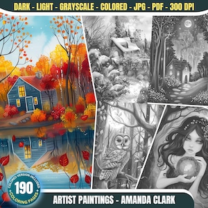 May include: A digital art coloring book featuring 190 artist paintings by Amanda Clark. The images include a house in a forest, a snowy scene, an owl in a forest, and a woman with long hair holding a crystal ball.