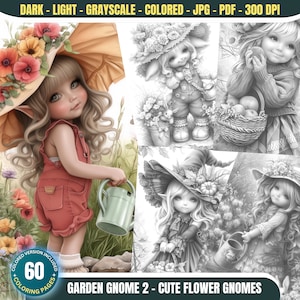 May include: A set of 60 coloring pages featuring cute flower gnomes. The pages include a variety of designs, including a gnome with a watering can, a gnome with a basket of apples, and a gnome with a bunny rabbit. The pages are perfect for adults and children who enjoy coloring.