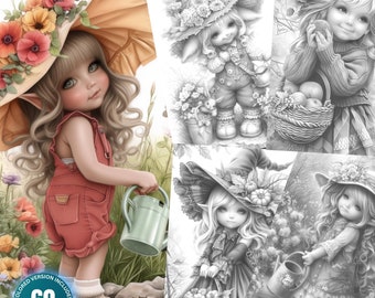 Garden Gnome 2: Cute Flower Gnomes - 60 Coloring Pages for Adults and Kids Instant Download Grayscale Coloring Book Printable PDF&JPG Bundle