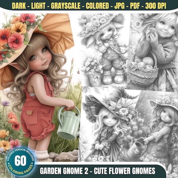 Garden Gnome 2: Cute Flower Gnomes - 60 Coloring Pages for Adults and Kids Instant Download Grayscale Coloring Book Printable PDF&JPG Bundle