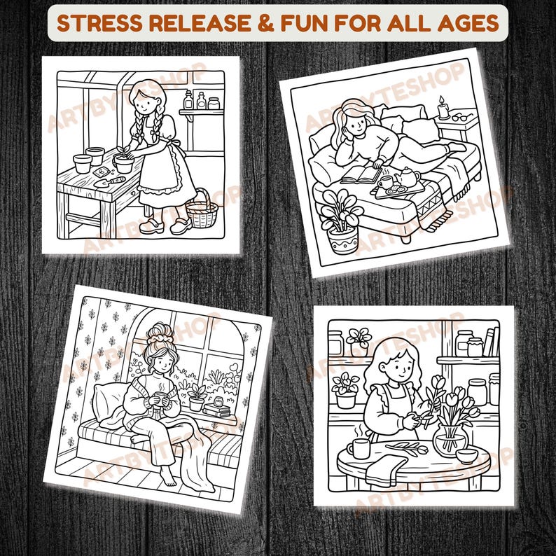May include: Four square black and white illustrations depicting relaxing scenes. One shows a woman gardening, another reading on a couch, a third enjoying a warm drink, and the last arranging flowers. The text at the top reads "STRESS RELEASE & FUN FOR ALL AGES."