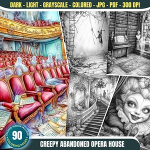Creepy Abandoned Opera House: 90 Halloween Coloring Pages for Adults and Kids Instant Download Grayscale Coloring Printable PDF & JPG Bundle