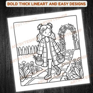 May include: Black and white line art illustration of a girl walking in a garden, carrying two baskets of flowers. The image includes a stone path, a rose archway, and a picket fence. Text at the top reads "BOLD THICK LINEART AND EASY DESIGNS."