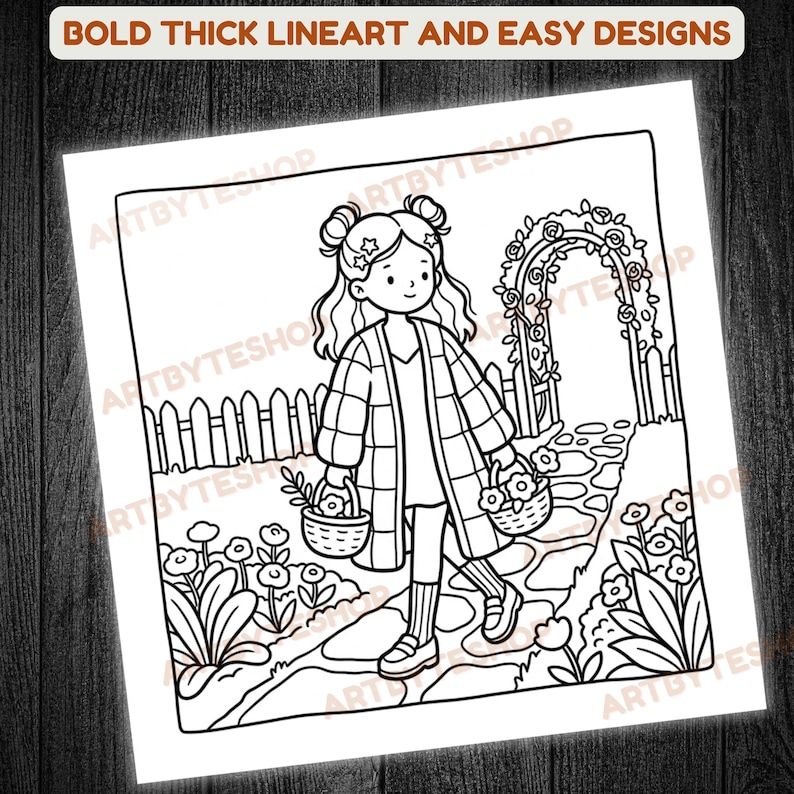 May include: Black and white line art illustration of a girl walking in a garden, carrying two baskets of flowers. The image includes a stone path, a rose archway, and a picket fence. Text at the top reads "BOLD THICK LINEART AND EASY DESIGNS."