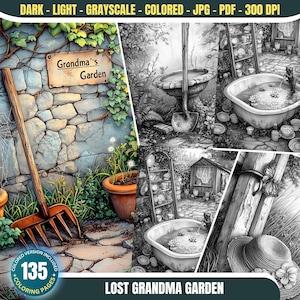 Può includere: Un'illustrazione in bianco e nero di una scena da giardino con un muro di pietra, un cartello che recita "Grandma's Garden", un rastrello, un vaso di fiori, un bagno per uccelli, un capanno e una farfalla. L'illustrazione fa parte di un libro da colorare con 135 pagine.