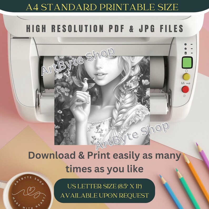 May include: A black and white printable coloring page featuring a woman with long braided hair and a hummingbird. The image is displayed on a printer with the text "ArtByte Shop" and "Download & Print easily as many times as you like" on the bottom. The text "US Letter Size (8.5" x 11") AVAILABLE UPON REQUEST" is also included.